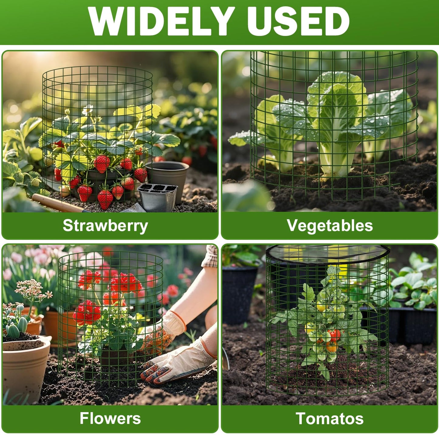 Plant Protector from Animals with Detachable Covers - 4 Pack 16”x 16" Wire Cage Cloches with Ground Stakes and Tools for Protecting Vegetable, Flower, Seedling