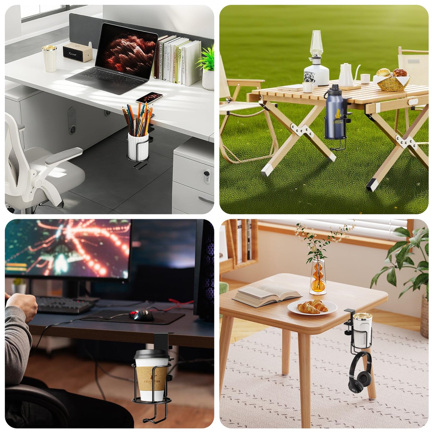 CABTE 2 Pack 2 in 1 Desk Mug Hooks with Headphone Hanger Holder, Anti-Spill Clip-On Table Mug Hooks with 360° Rotation for Lawn Chair, Office Home Gaming Table