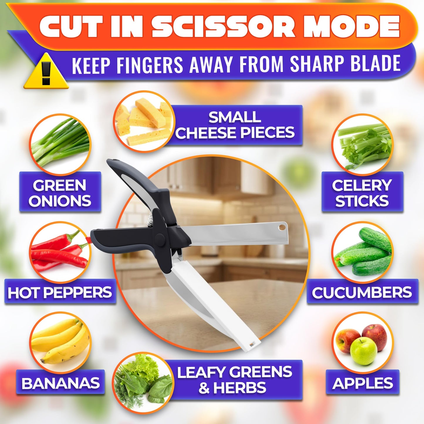 2 in 1 Kitchen Scissors for Food – Stainless Steel 9.5" Tomato Knife Chops Vegetables, Fruit, Cheese, Meat in Seconds | Dishwasher Safe Cutting Board Scissors with Safety Lock – Mess-Free Prep