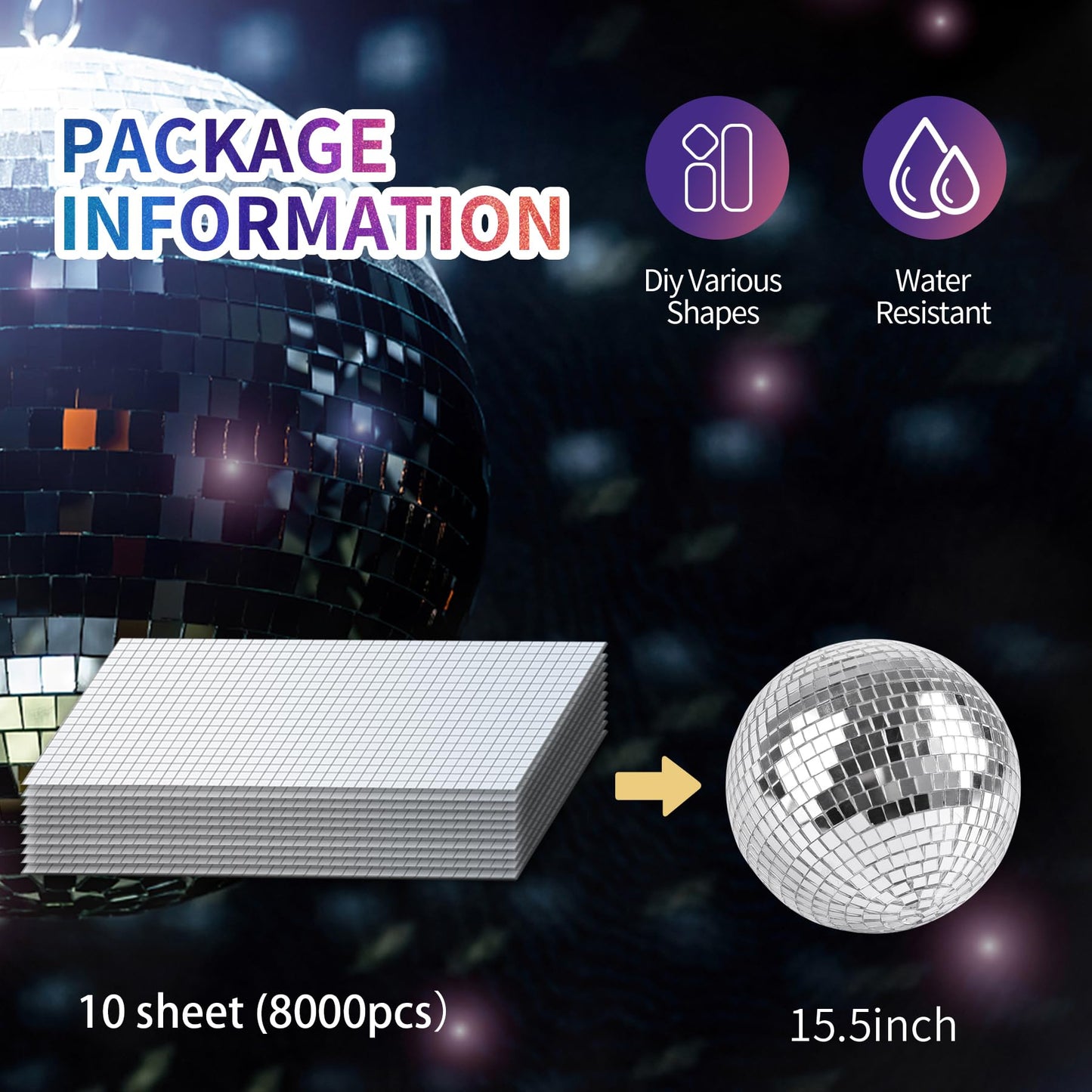 8000 PCS Disco Mirror Tiles, 7.5 x 7.5 mm Self Adhesive Mosaic Tiles for Disco Ball Decor, DIY Craft Party Decoration
