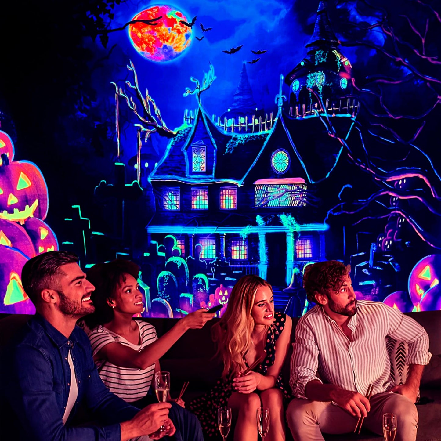 OSVINO Blacklight Halloween Castle Tapestry 59"x51" Pumpkins Bats Crosses Backdrop Bedroom Aesthetic Hippie Room Decor Glow in The Dark Wall Poster for Halloween Easter