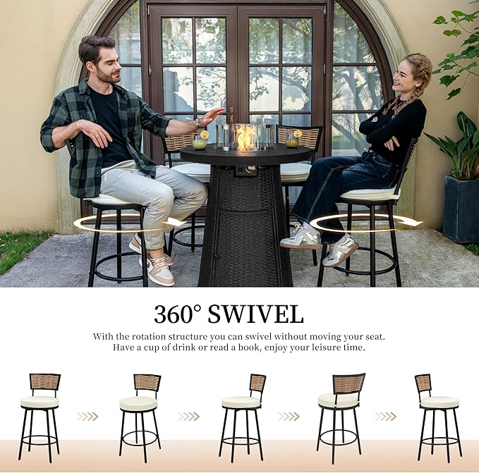 PIZZELLO 5-Piece Patio Swivel Bar Set with 37" Height Propane Round Firepit Table and High Swivel Stools Chair Set of 4, Outdoor High Top Bistro Set for Poolside, Garden, Balcony(Black)