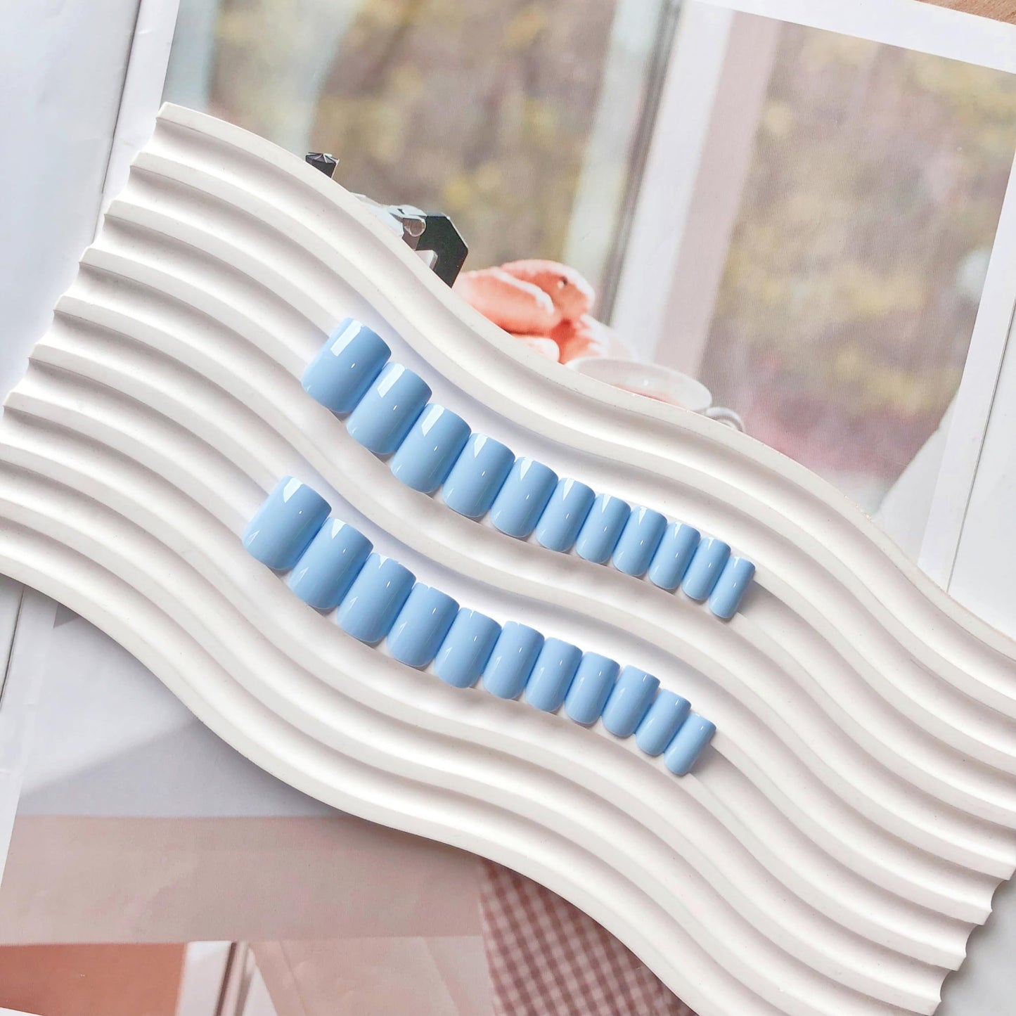 Light Blue Press on Nails Short Medium Square Glue on Nails Set,KQueenest Solid Color Fake Nails Short Coffin Acrylic Nails Press on Gel Nails for Women Natural Reusable False Press-on in 24 Pcs
