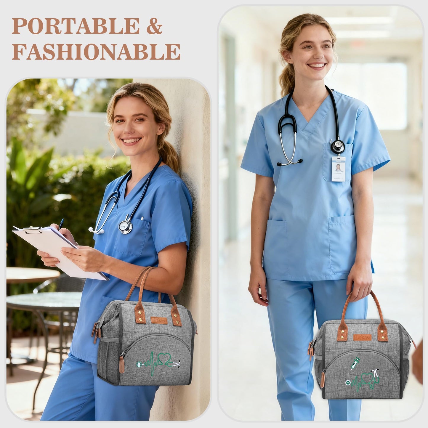 Srotek Nurse Gifts for Women - Embroidered Nurse Lunch Bag for Work, Large Capacity Wide-Open Lunch Box Insulated Reusable Lunch Tote Cooler Bag, Practical Nurse Accessories for Daily Use, Grey