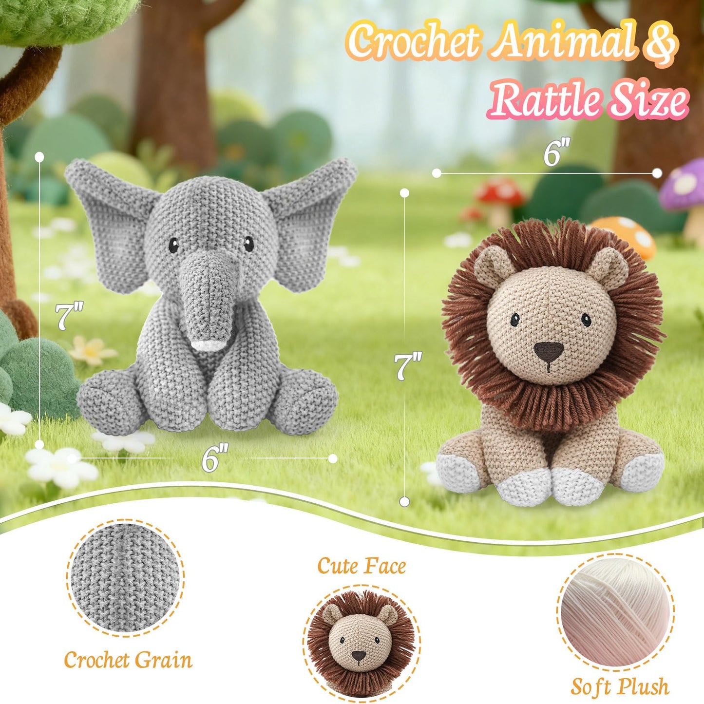 okegztoa 2-Pack Crochet Stuffed Animals (Sitting Lion & Elephant), 8-10 Inches Soft Cotton Thread Plush, Hand-Crocheted Toys, Kid & Adult-Friendly Gifts