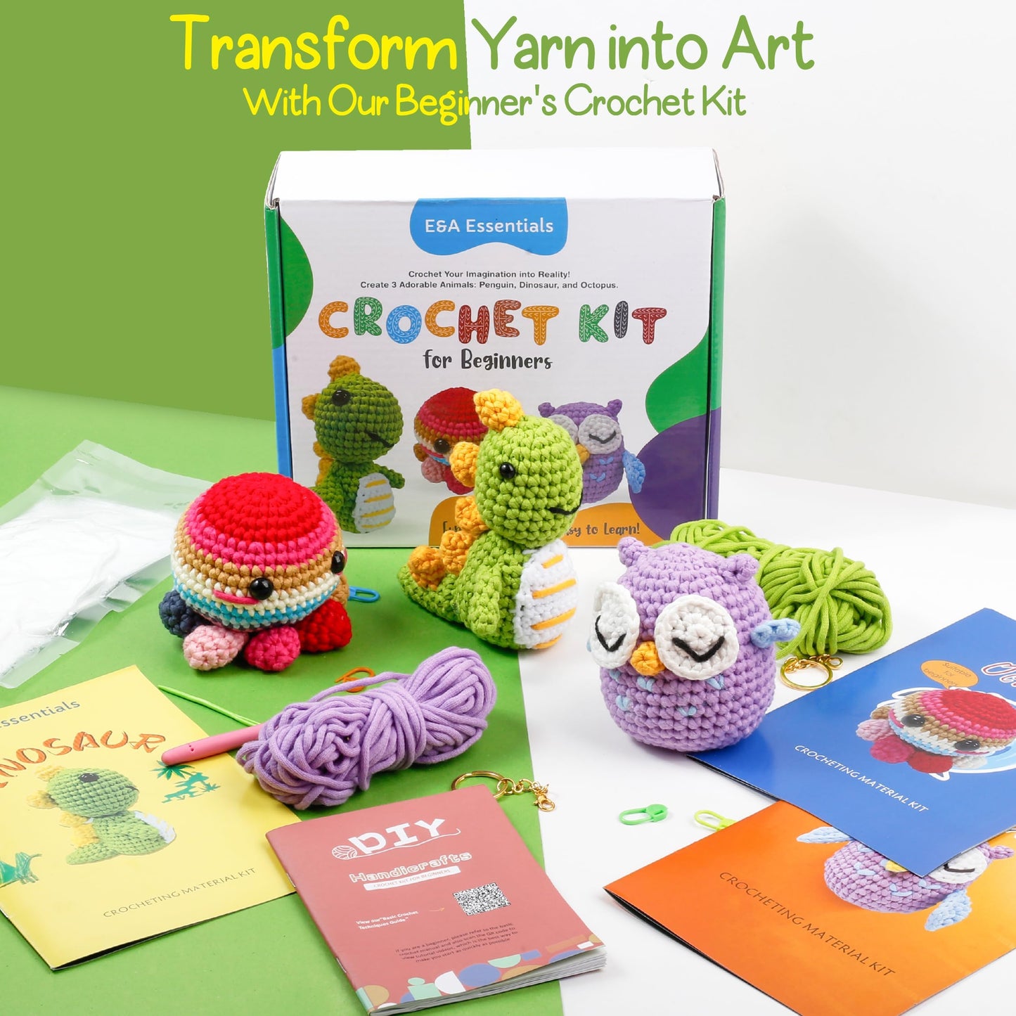 Crochet Kit for Beginners, Crochet Animal Kit with Video Tutorials & Soft Yarn, Craft Kits for Teens & Adults: Penguin, Dinosaur & Octopus Amigurumi Crochet Kit, Easy Knitting Kit, Crafts Crochet Kits