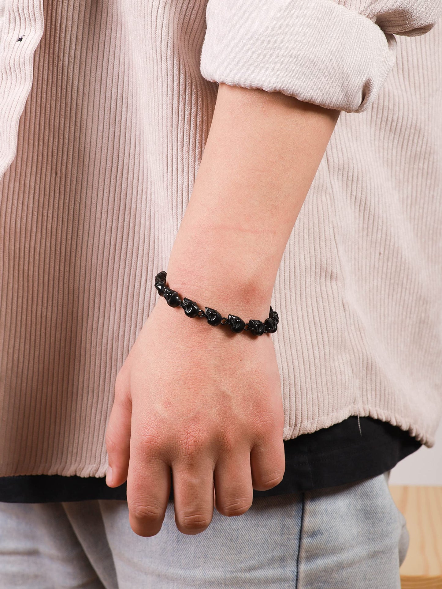 HAQUIL Stainless Steel Black Plated Skull Bead Linked Bracelet for Men and Women, Skull Jewelry Gift