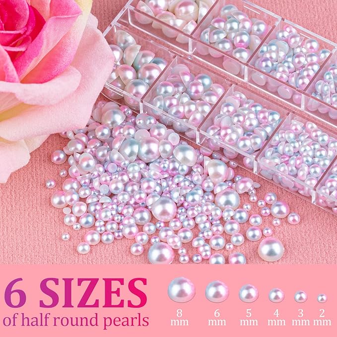 Belleboost Flat Back Pearls Kits 3 Boxes of Flatback Pink Mermaid Half Round Pearls with Pickup Pencil and Tweezer for Home DIY and Professional Nail Art, Face Makeup and Craft