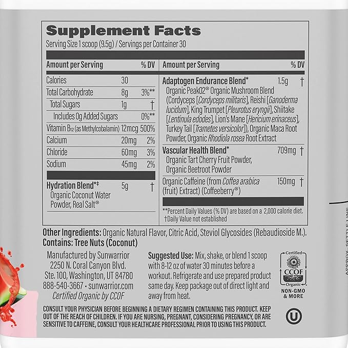 Sunwarrior Plant-Based Preworkout Powder Hydration Blend | Coconut Water Mushroom Blend Soy Free Sugar Free Gluten Free Dairy Free Synthetic Free | Watermelon Wave 30 Servings | Sport Active Energy