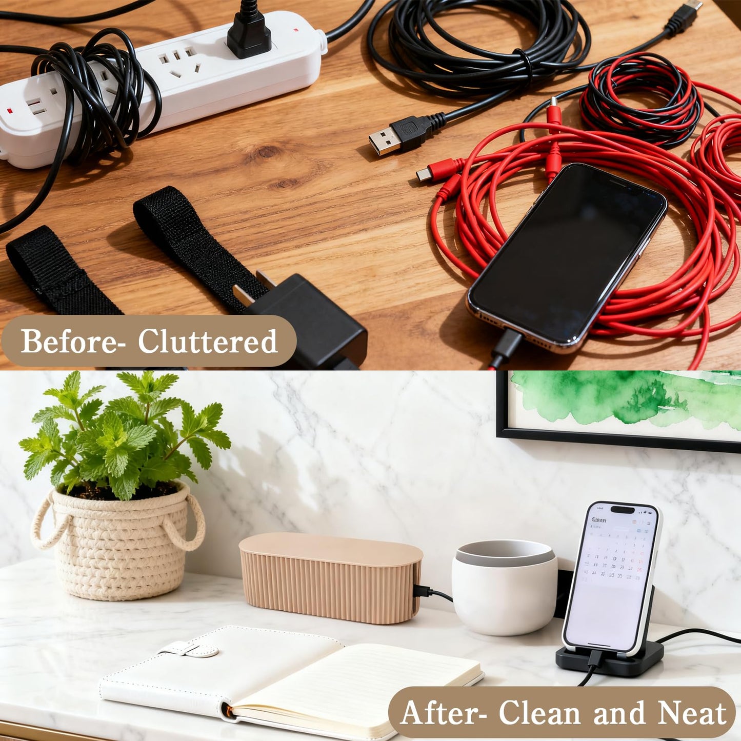UCEHIPAW 3 Pcs Cable Management Box with 69 Pcs Cable Management Kit Light Coffee Cord Hider Organizer Desk Power Strips Surge Protectors Wire Box for Home Office Use