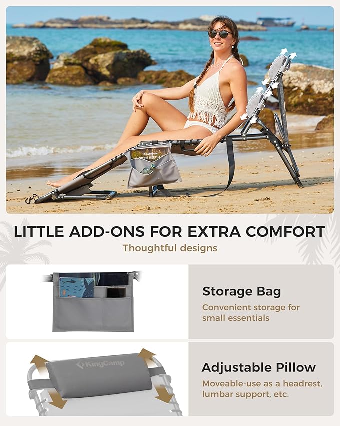 KingCamp Tanning Chair with Face Hole, Lounge Chairs Outdoor Folding Comfy Adjustable 5-Position Foldable Chaise Chaser with Canopy Shade for Outside Beach Patio Sun Bathing Pool, Grey