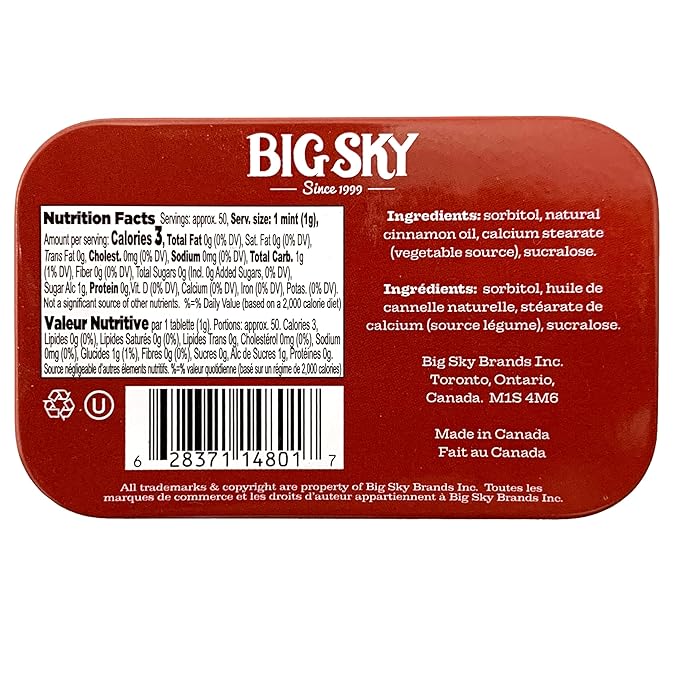 Big Sky Sugar Free Cinnamon Mint Candy, 50g Tin - 6 Count Display Tray