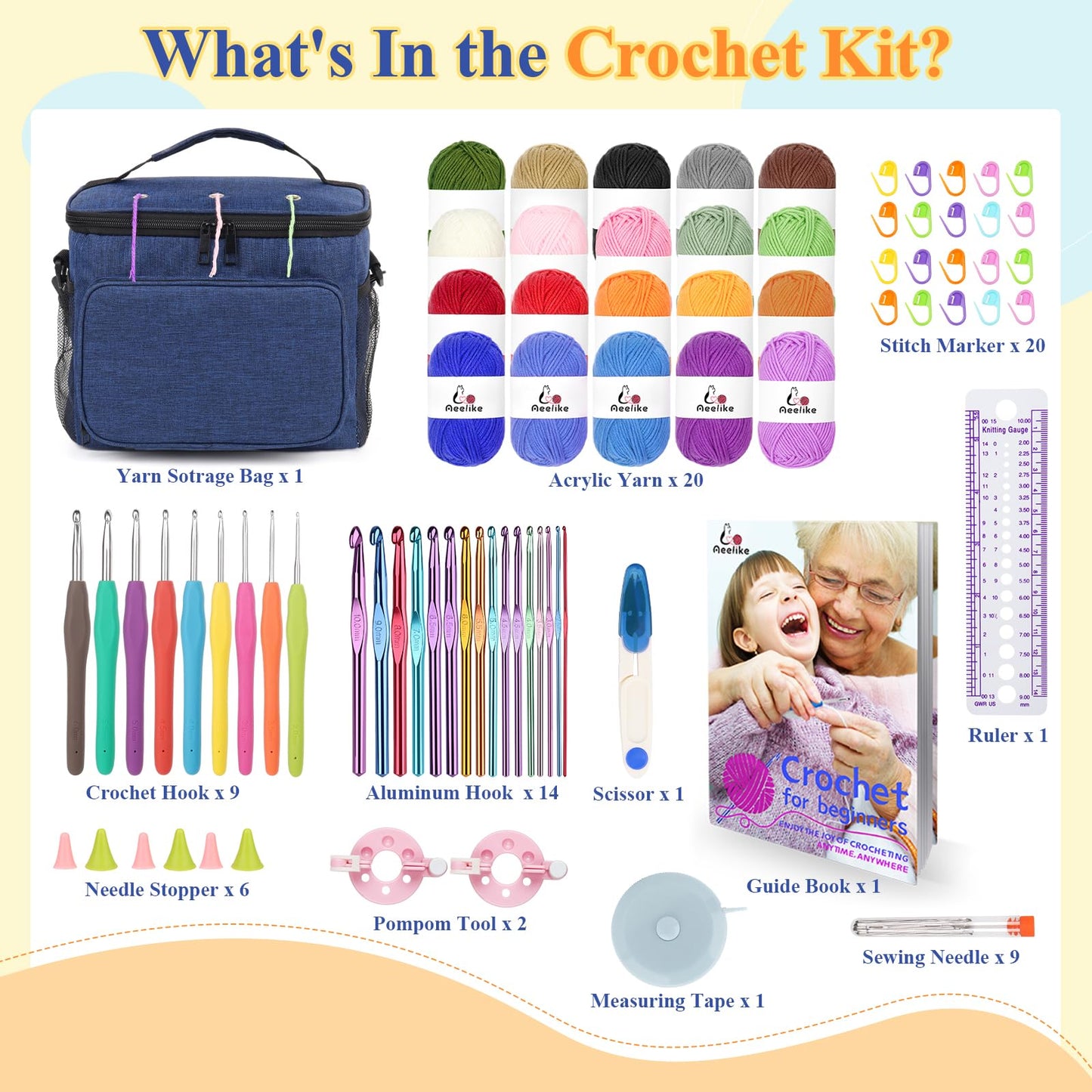 Aeelike Complete Beginner Kit 87PCS, Crochet Kit for Beginners Adults, Navy Portable Yarn Bag, 23 Crochet Hooks,Yarn 20 Colors Skeins, Instruction & Crocheting Accessories