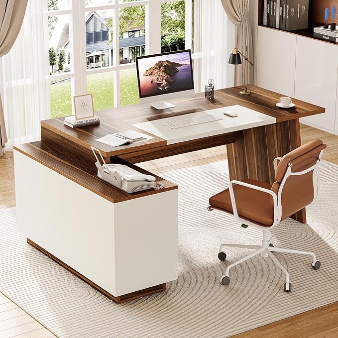 LITTLE TREE 70.5-Inch Executive Desk, Large Home Office Desk with Storage Cabinet and Open Shelves, L-Shaped Computer Corner Desk, Workstation for Office Home, Walnut and Black