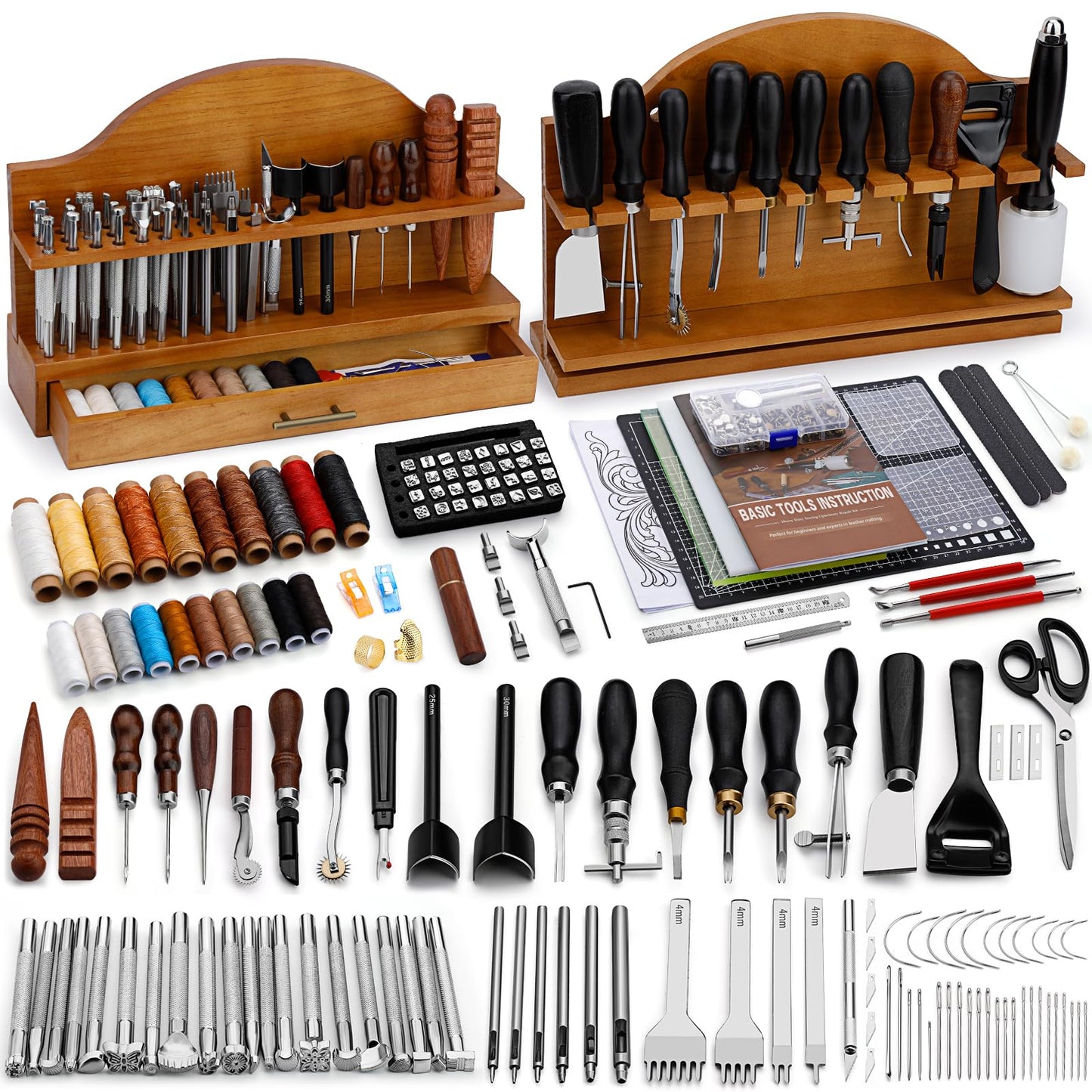 BUTUZE Leather Tools, Leather Crafting Kit with Leather Tool Rack, Leather Working Tools Kit for Adults and Tool Supplies for Carving, Stamping, Engraving, Sewing, Cutting, Punching and DIY Crafts