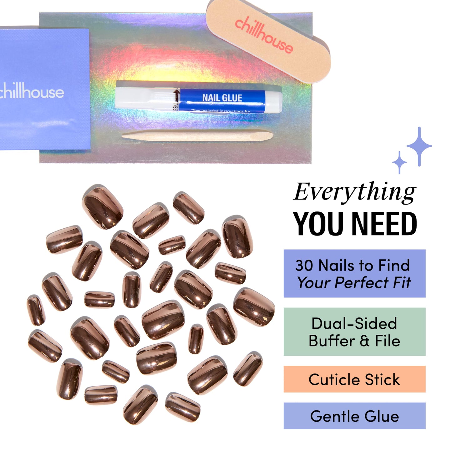 Chillhouse Chill Tips Signatures Press On Nails Kit, Better Than Chocolate - 30 Nail Shapes & Sizes, Dual-Sided Buffer & File, Cuticle Stick & Glue - Long-Lasting Nail Art Manicures
