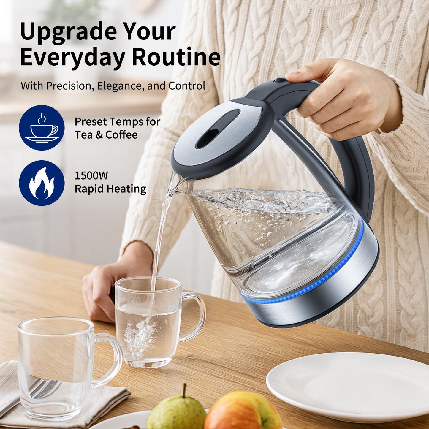 Electric Kettle Glass 2L, 1500W Fast Boiling Hot Water Boiler with Auto Shut-Off, LED Light, BPA-Free, Borosilicate Glass, Stainless Steel Interior, Wide Opening, Display Refrigerator with Door 04