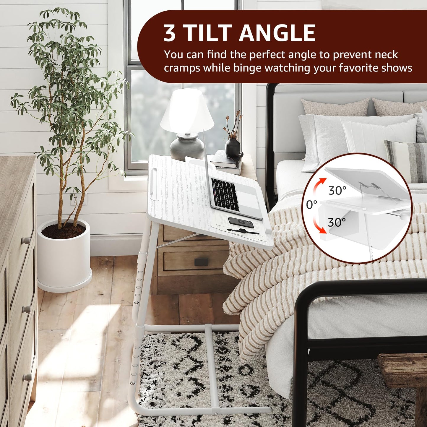 TV Trays Set of 2 - Folding TV Tray Adjustable Dinner Trays for Eating On Couch Wooden Tables Mate Stand Foldable White Desk with Cup Holder Portable