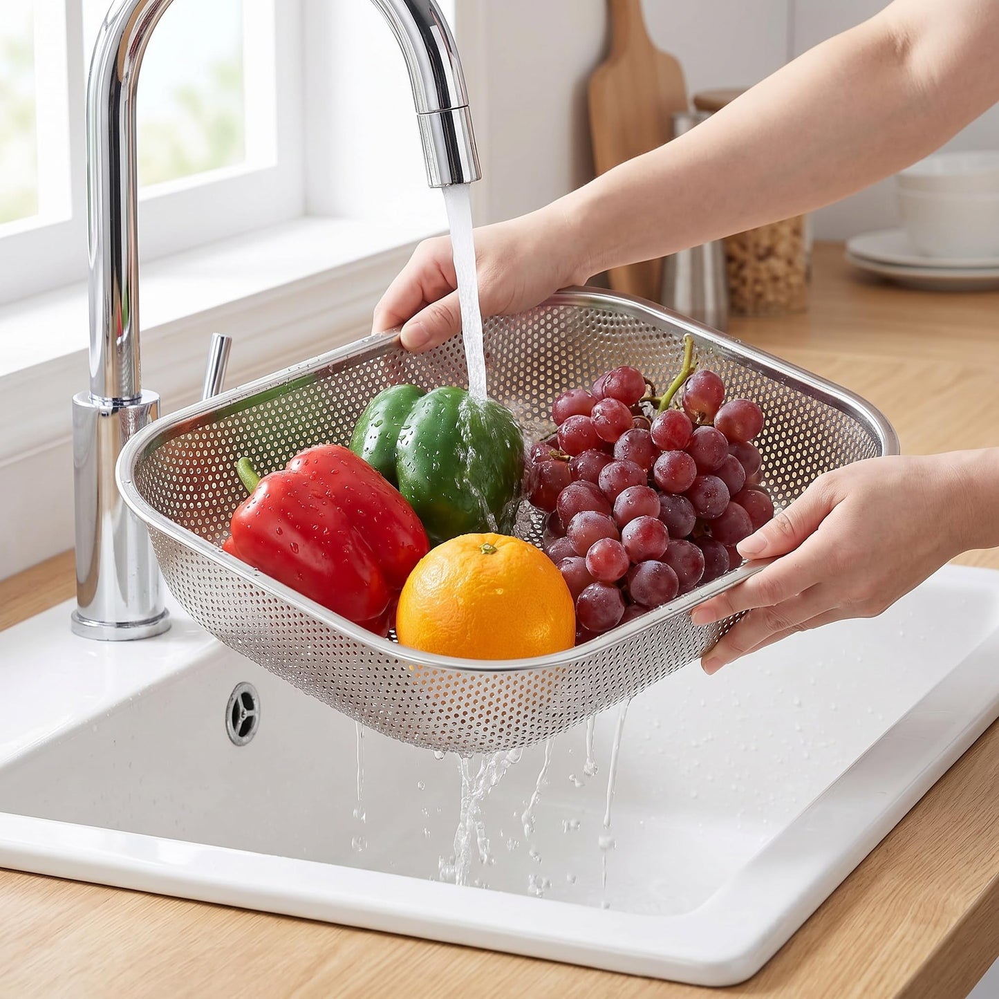 Cedilis 2 Pack Large Stainless Steel Colander Strainer, 6 Quart Mesh Vegetable Washing Basket, Rectangle Drainer Sink Basket for Vegetable Fruit Food (15" x 11" x 2.6")
