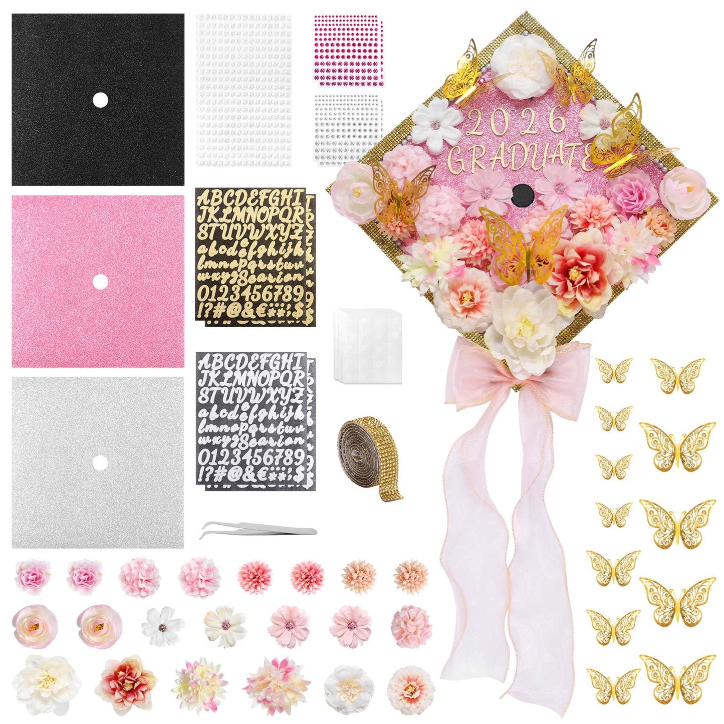 Harsever 48Pcs Graduation Cap Decorations DIY Kit,Grad Cap Decorations Decor with Faux Flower 3D Butterfly Rhinestones Alphabet Letter Stickers for DIY Graduation Party Supplies (Pink)
