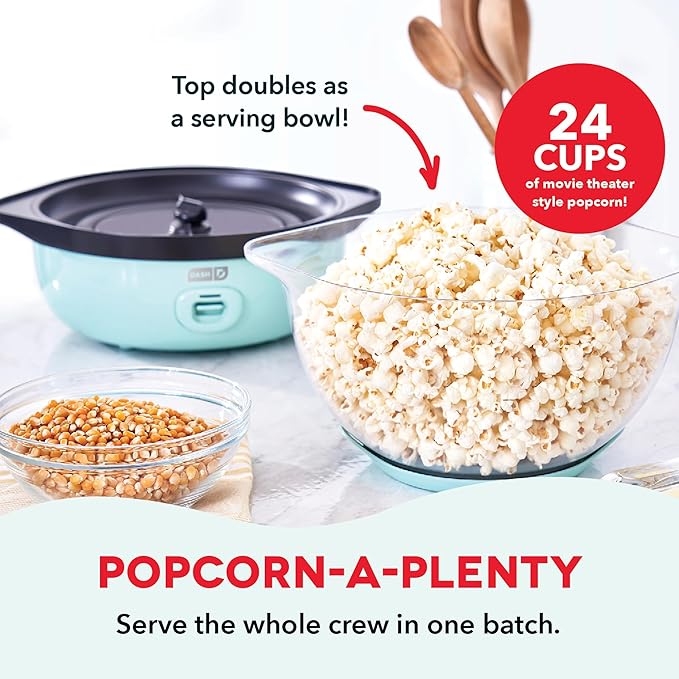 Dash SmartStore Deluxe Stirring Popcorn Maker - Hot Oil Electric Popcorn Popper with Butter-Warming Tray, Clear Serving Bowl, Storage Lid & Measuring Cup - 24 Cups, Aqua