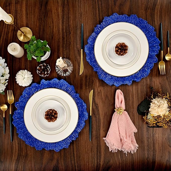 Pesonlook 50Pcs Royal Blue Charger Plates Round 13inch, Reef Plate Chargers for Dinner, Bulk Plastic Floral Table Charger Plates for Dinner Wedding Party Event Table Setting Decoration(Royal Blue)