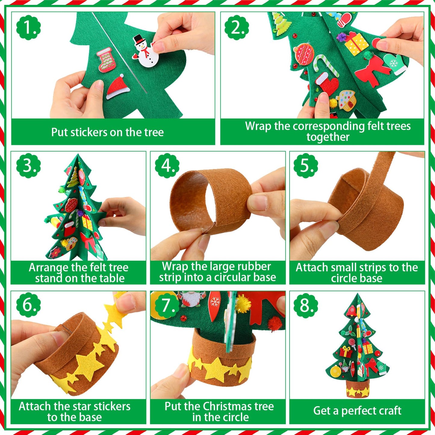 Moucuny 408 Pcs Christmas Tree DIY Craft Kits 3D Christmas Tree Felt Sets Xmas Felt Decorations with Elk Gingerbread Man Penguin Snowman Candy Wreath Stickers for Party Favors Activities