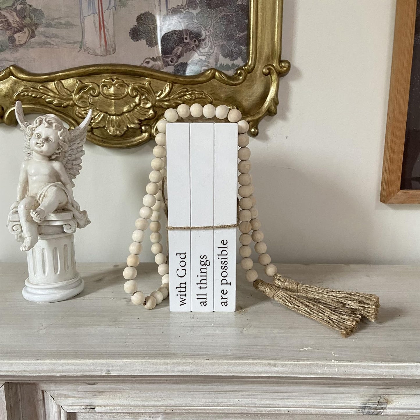 Decorative Books for Home Decor, White Faux Books for Decoration, Rustic Farmhouse Stacked Display Books (with God All Things are Possible)