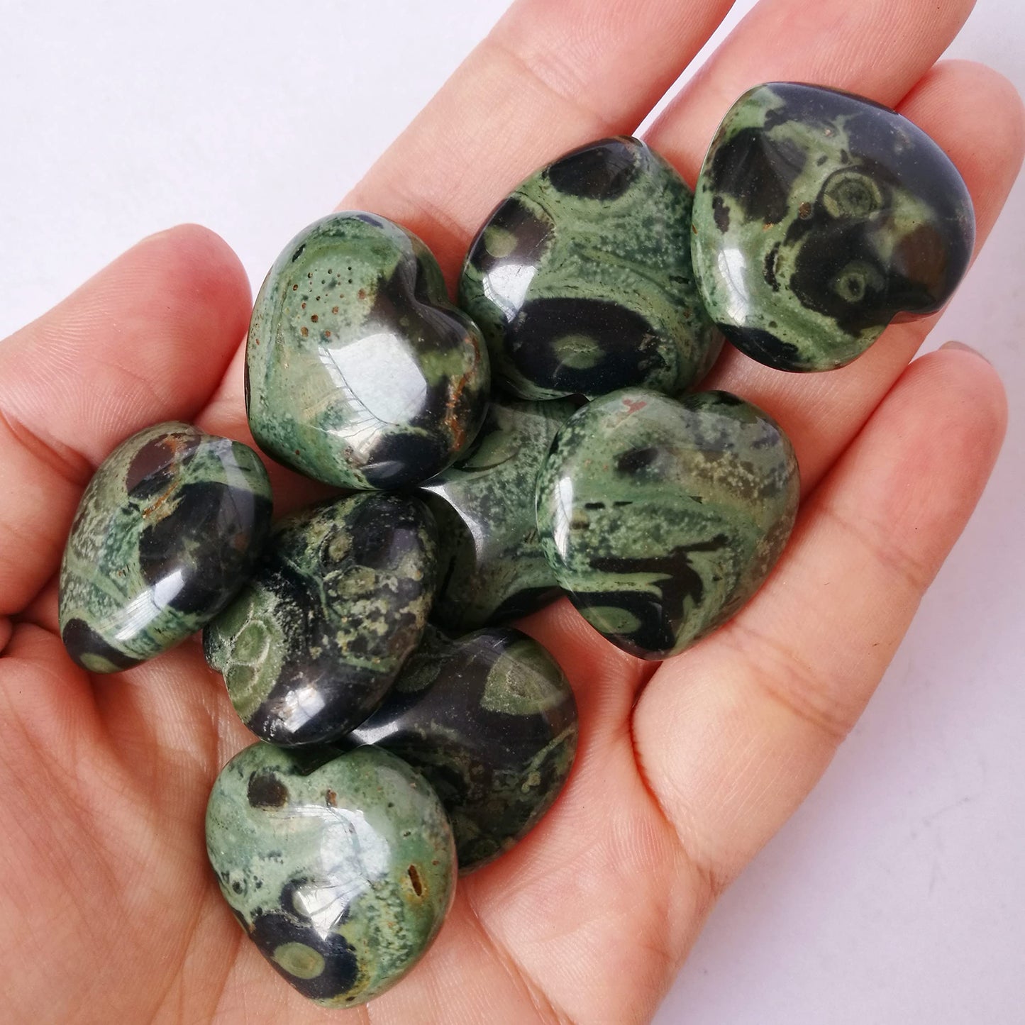 Bacatgem 3 Pcs Natural Kambaba Jasper Pocket Palm Thumb Healing Crystal Heart Love Worry Stones,1 inches Reiki Balancing Crystal and Healing Stones