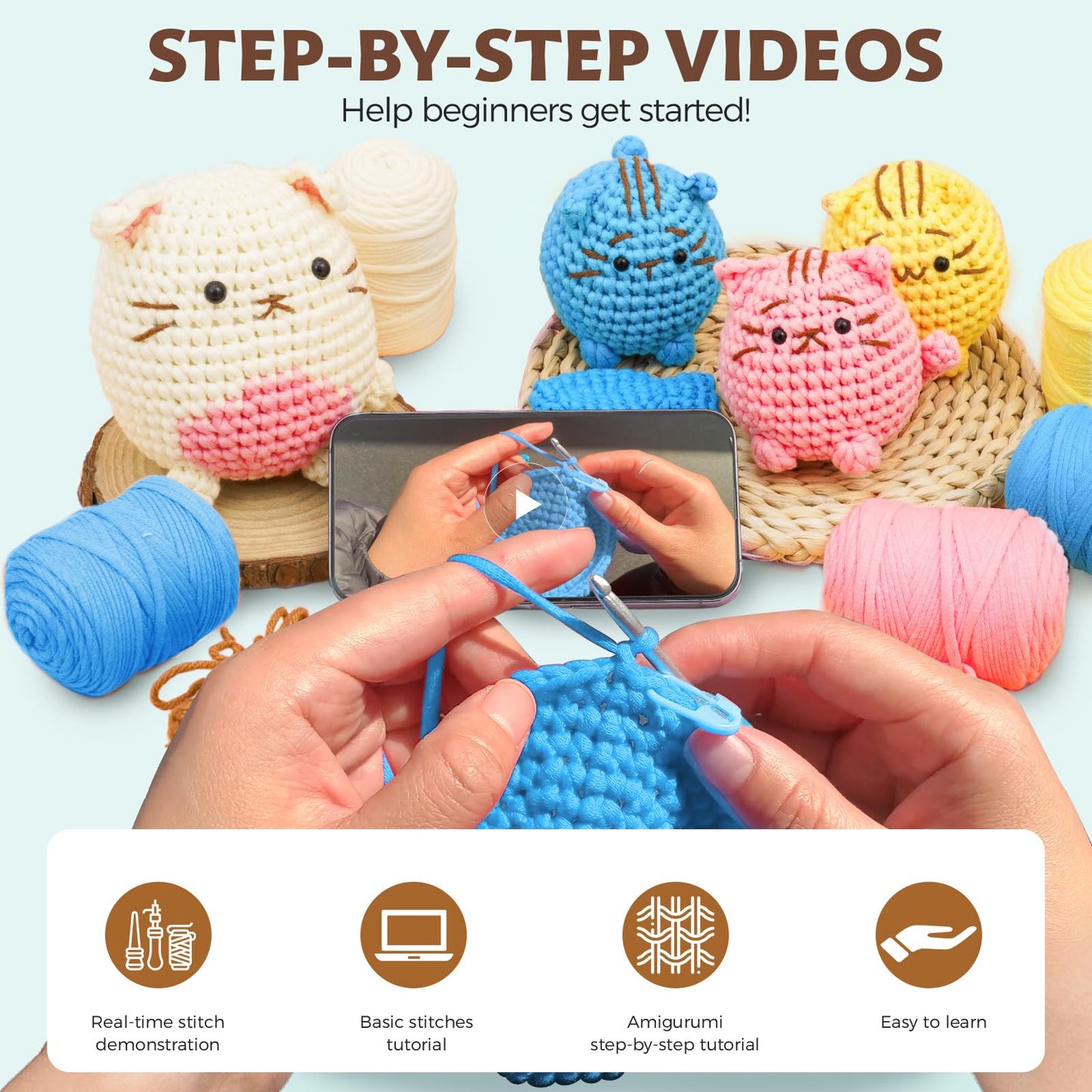 Crochet Kit for Beginners - Learn to Crochet 4 Adorable Cat Amigurumi with Step-by-Step Video Tutorial and Easy Peasy Yarn, Complete Starter Kit for Adults Kids, DIY Craft Gift for Birthday Christmas