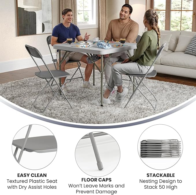 Flash Furniture Hercules Series Plastic Folding Chair - Grey - 4 Pack 650LB Weight Capacity Comfortable Event Chair-Lightweight Folding Chair
