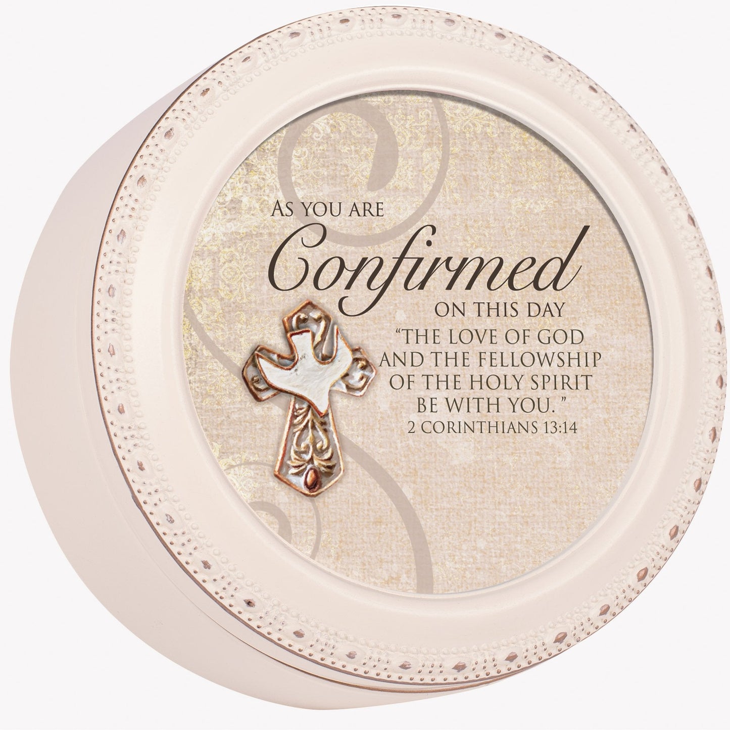 Cottage Garden Confirmed This Day The Love of God Ivory Rope Trim Petite Round Jewelry and Keepsake Box
