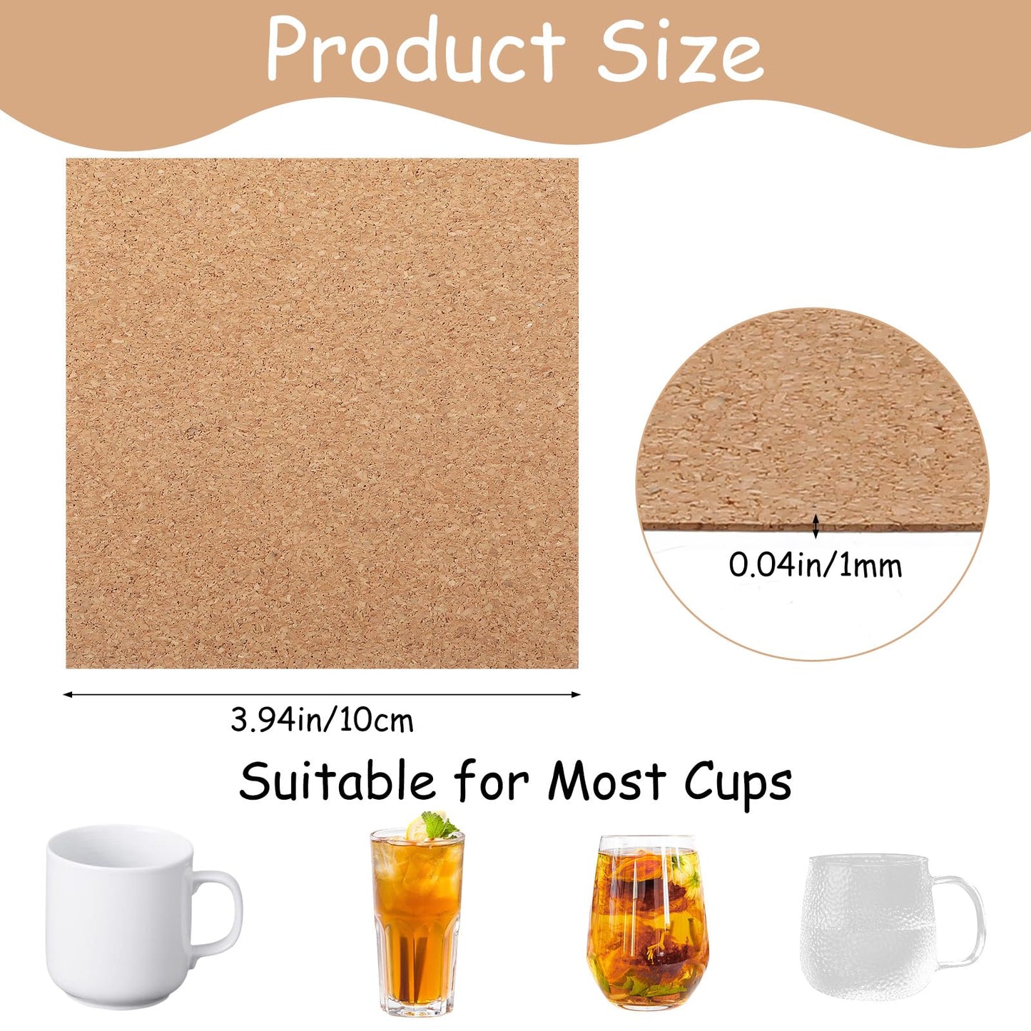 Kifmurase 200PCS Self-Adhesive Cork Sheets, 4 x 4 Inch Brown Squares Cork Coasters for DIY Crafts Laser Engraving Home Wall Decoration, Non-Slip Bulk Tabletop Drinks Coasters