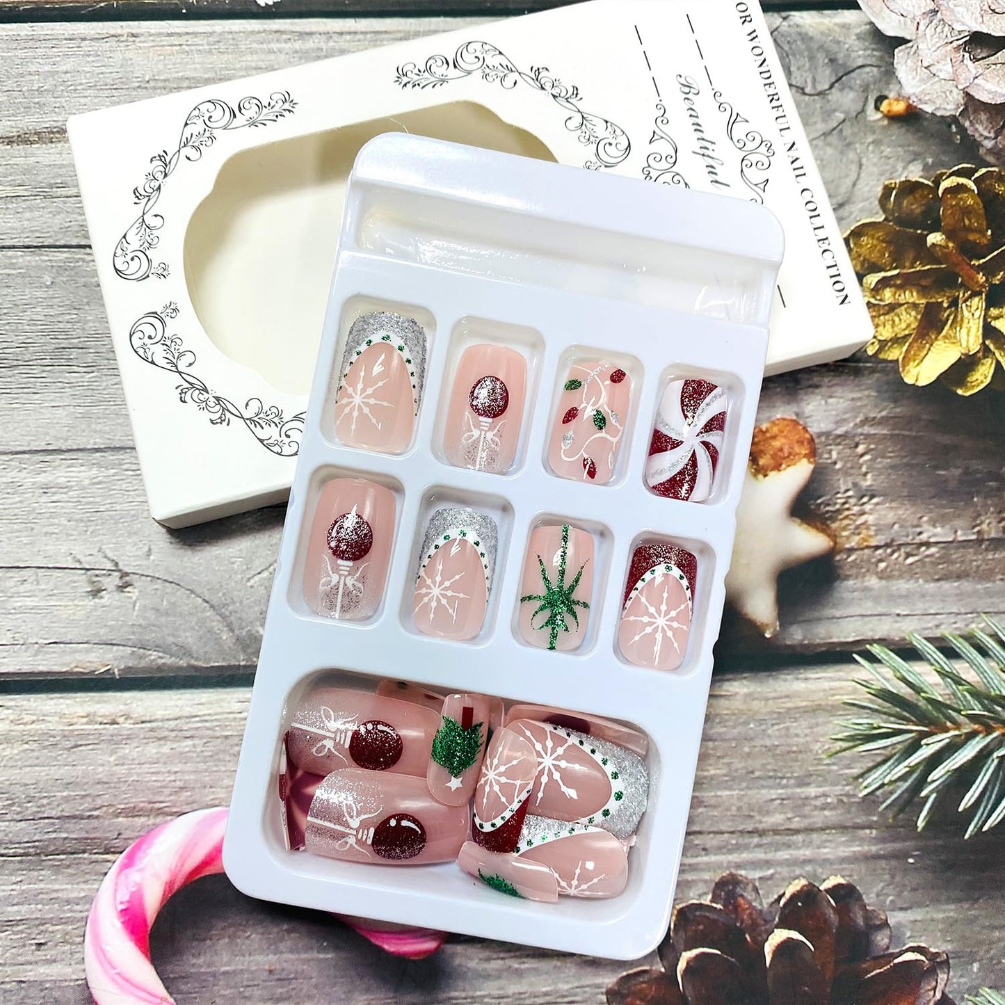 LWTZLW Christmas Press on Nails White Red French Tip Medium Square False Nails Gift Glitter Glue on Nail Snowflake Design Acrylic Fake Nails Winter Artificial Glossy Nail Reusable for Women