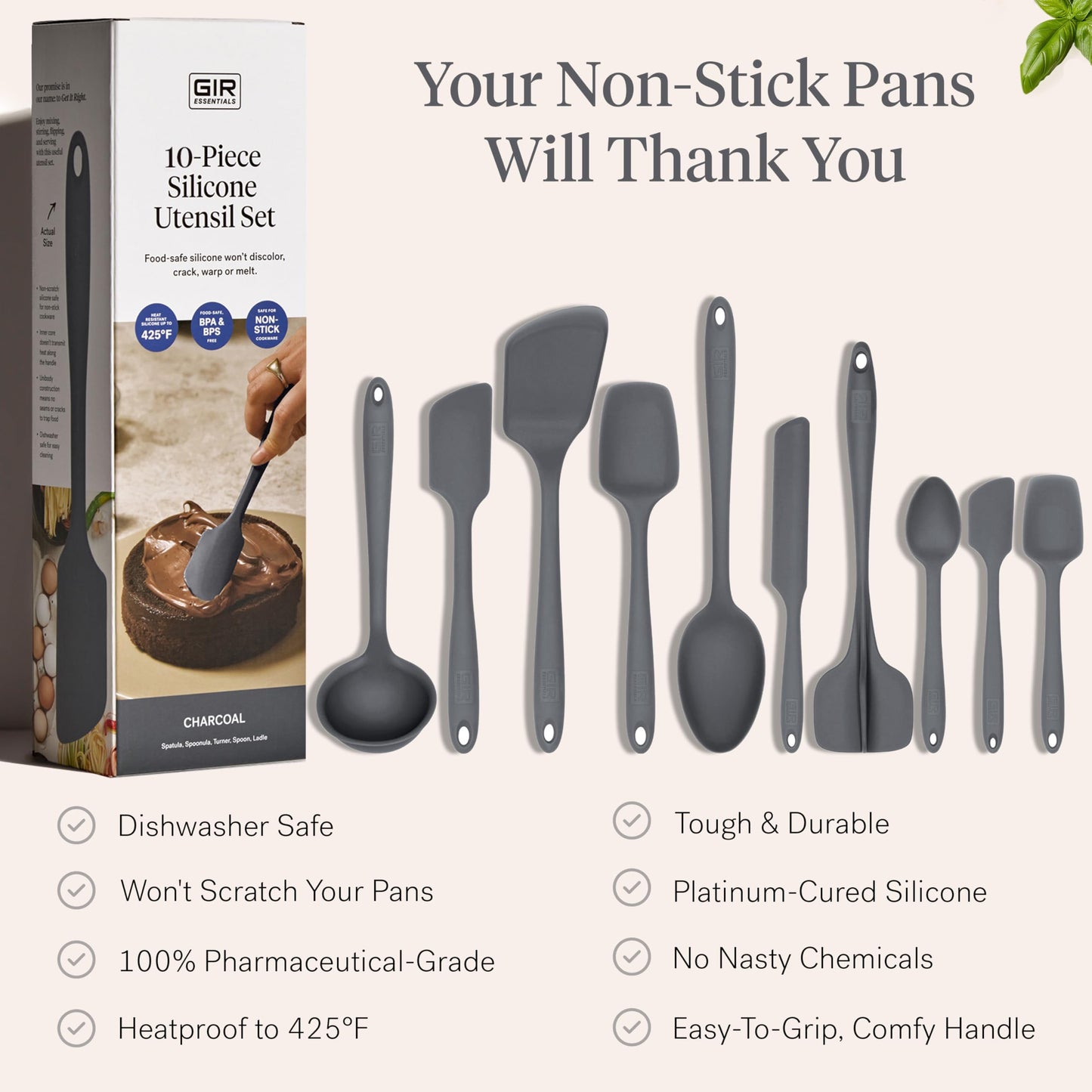 GIR: Get It Right 10-Piece Silicone Essentials Kitchen utensils set - Ladle, Spatula, Flip, Spoon & Spoonula - Non toxic cooking utensils for Nonstick Cookware, Cooking and Baking - Charcoal