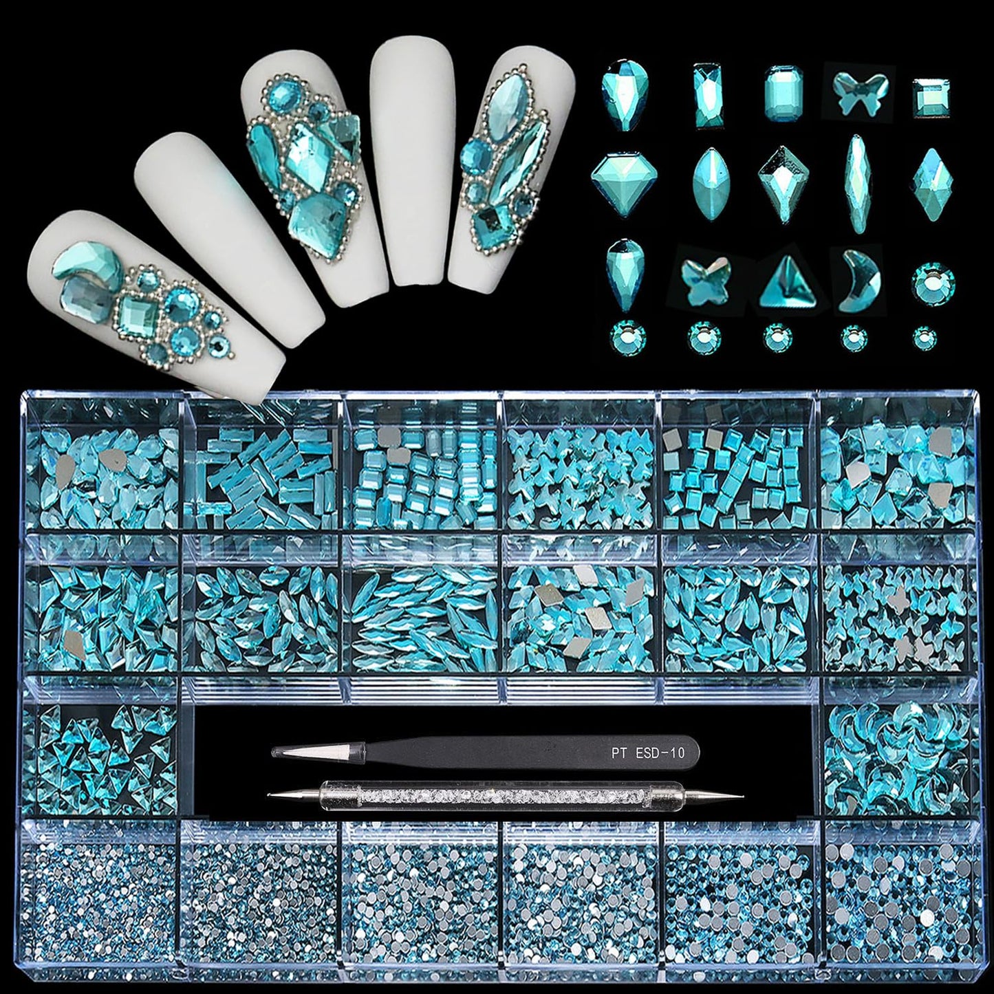 Yzzseven 14 Types of 700 Lake Blue Diamonds + 2100 Flat Rhinestones Mix 20 Styles Flatback DIY Crafts Rhinestone Crystals 3D Ornament‌s Flat Back Stones Set + Tweezers + Drill Pen