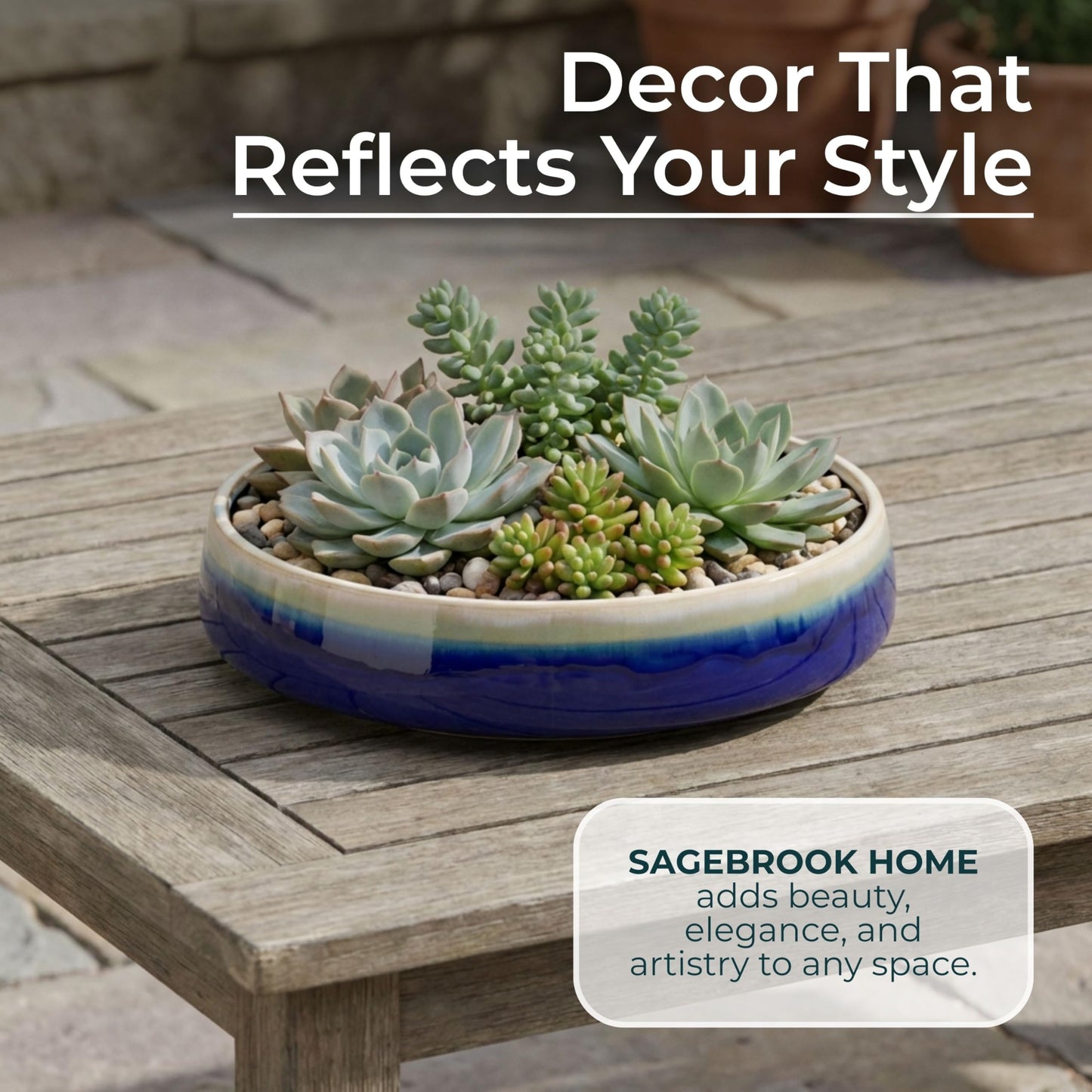 Ceramic Planters Bowl Pot – Planters for Succulents and Small Plants, Indoor Planter for Table, Shelf, or Desk, Wide, Low Profile Design-Forward Home Decor Accent – 4", Blue and White