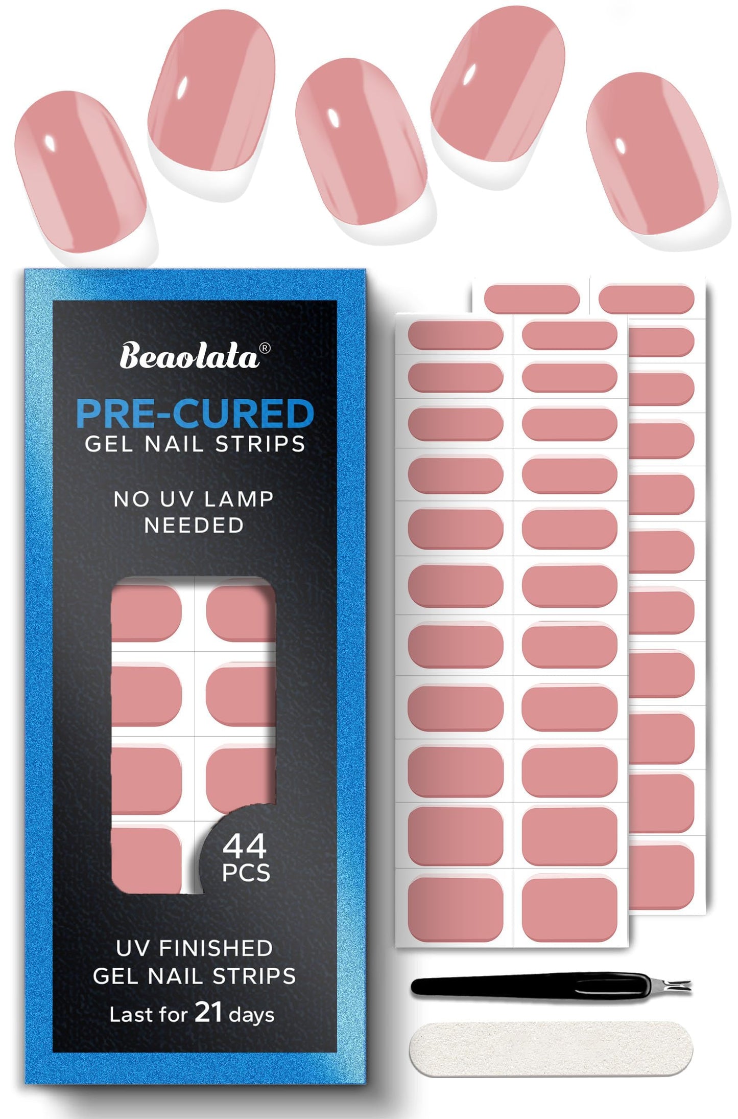 Beaolata Real Gel Nail Strips (No UV Light Needed) - 44Pcs Salon Quality Nail Stickers - Long Lasting Polish Wraps for Women, Easy Apply & Remove (Peach Nectar Pink)