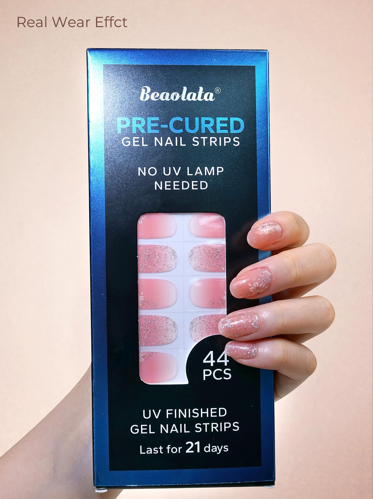 Beaolata Real Gel Nail Strips (No UV Light Needed) - 44Pcs Salon Quality Nail Stickers - Long Lasting Polish Wraps for Women, Easy Apply & Remove (Sparkle Pink