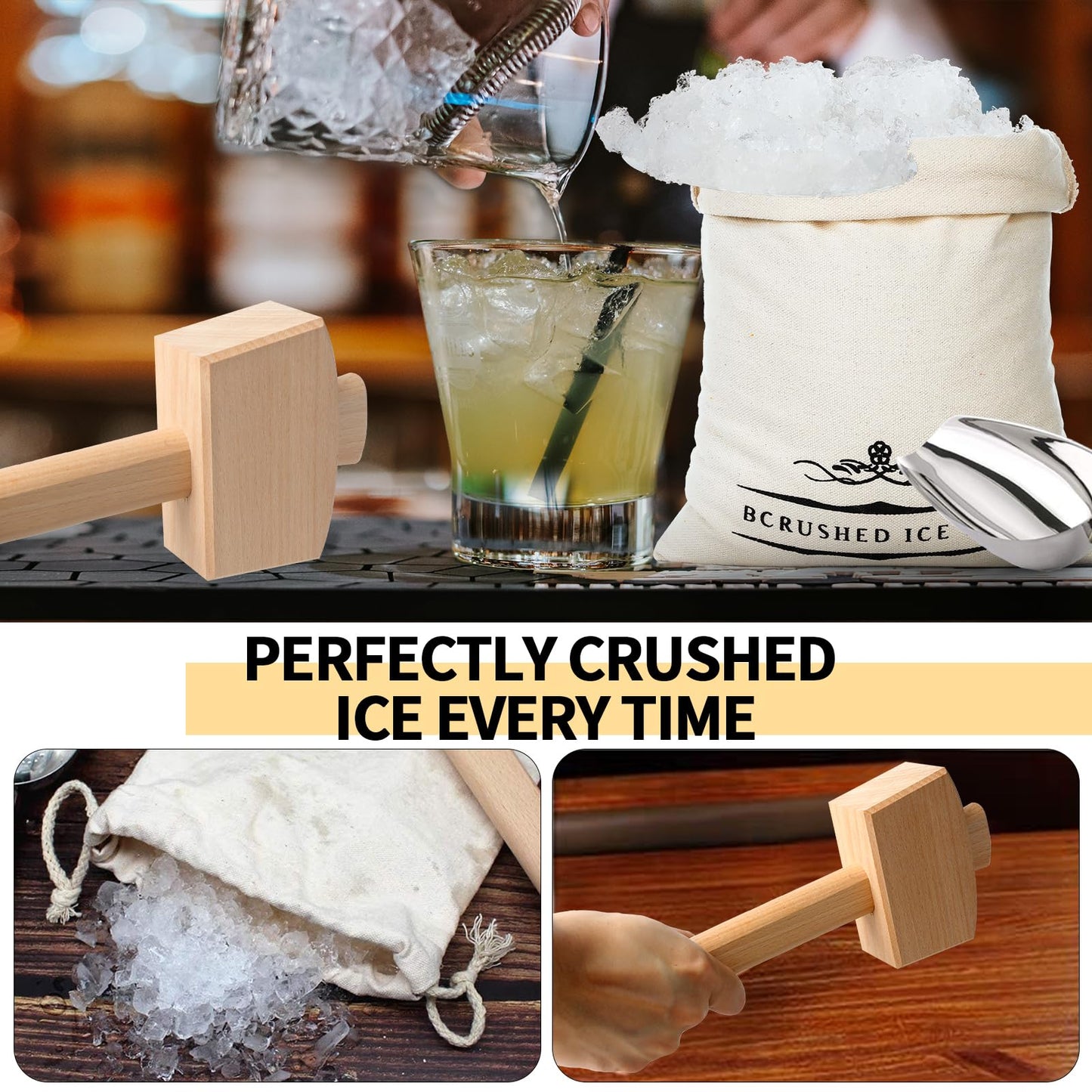 Lewis Bag and Ice Mallet - Wood Hammer and Lewis Bag for Crushed Ice, Bartender Kit Set & Bar Tools Kitchen Accessory