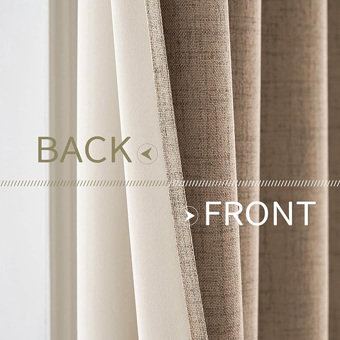 MIULEE 100% Blackout Linen Textured Curtains for Bedroom Solid Thermal Insulated Copper Brown Grommet Room Darkening Curtains & Drapes Luxury Decor for Living Room Nursery 52 x 63 Inch (2 Panels)