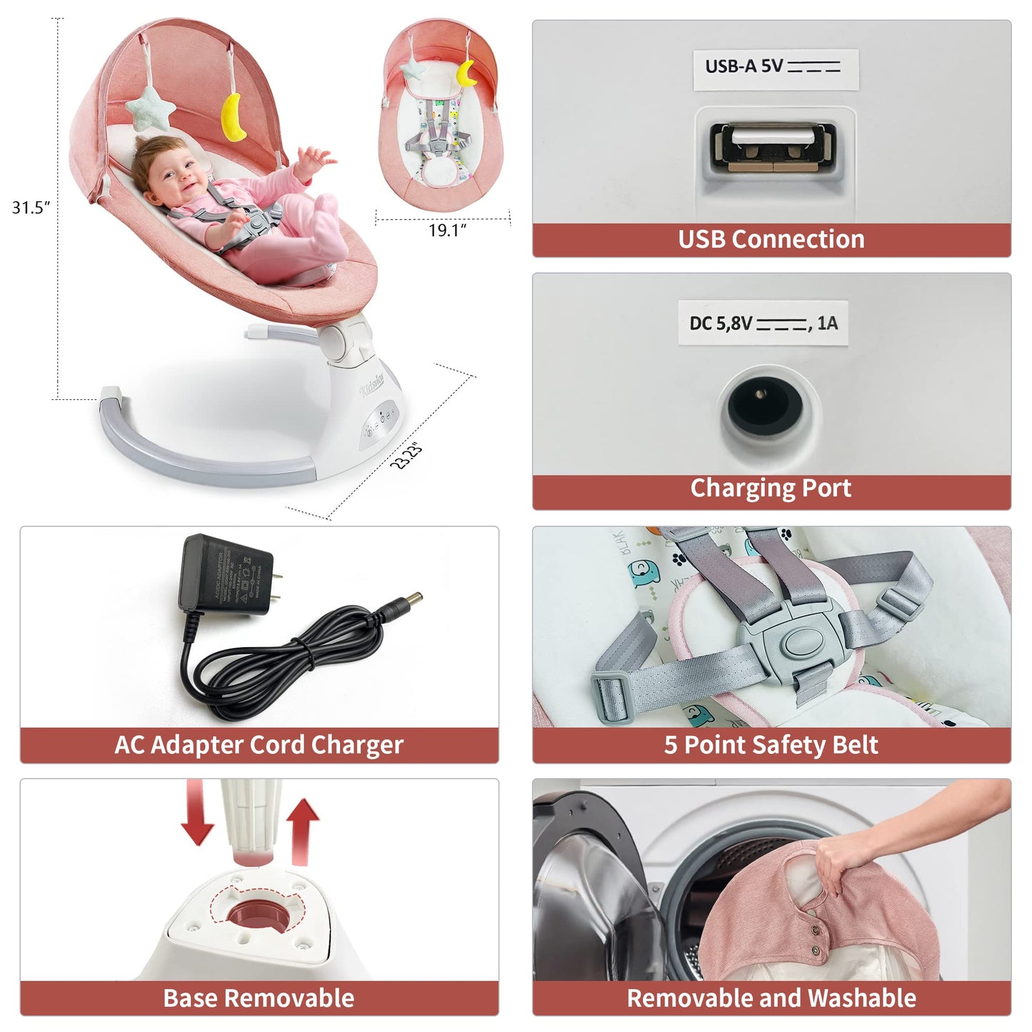 Pink Electric Baby Swing for Infants to Toddlers, 5 Speed Settings, 12 Built-in Songs, Bluetooth & USB Music, Timer Function, Adjustable Baby Swing for Nursery Use