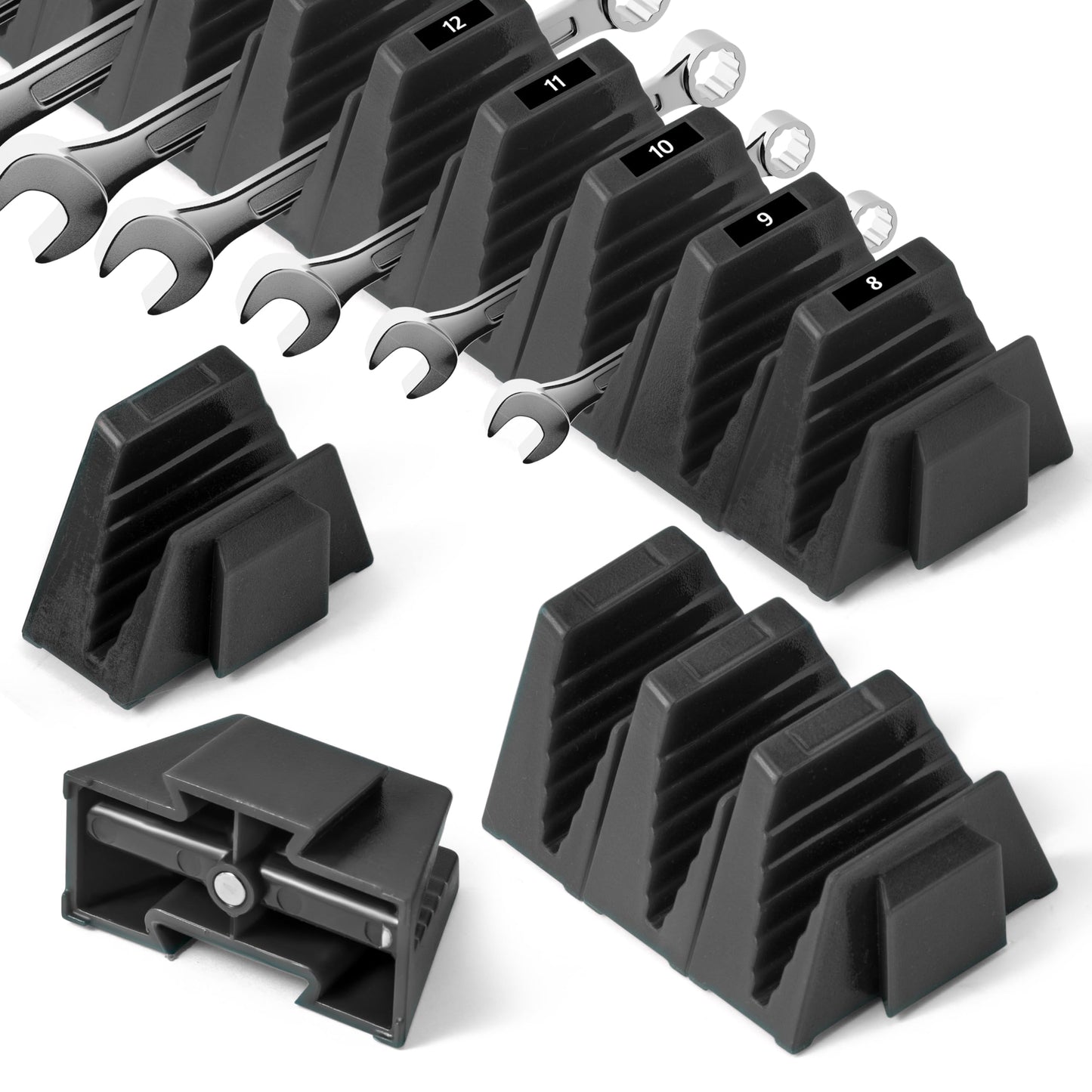 GQIRIL Magnetic Modular Wrench Organizer - 48PCS Magnet Wrench Rack for Tool Box Drawer Storage, Tool Organization Holder with Metric & SAE Labels, Workshop Gift for Mechanics Men Father (Black)