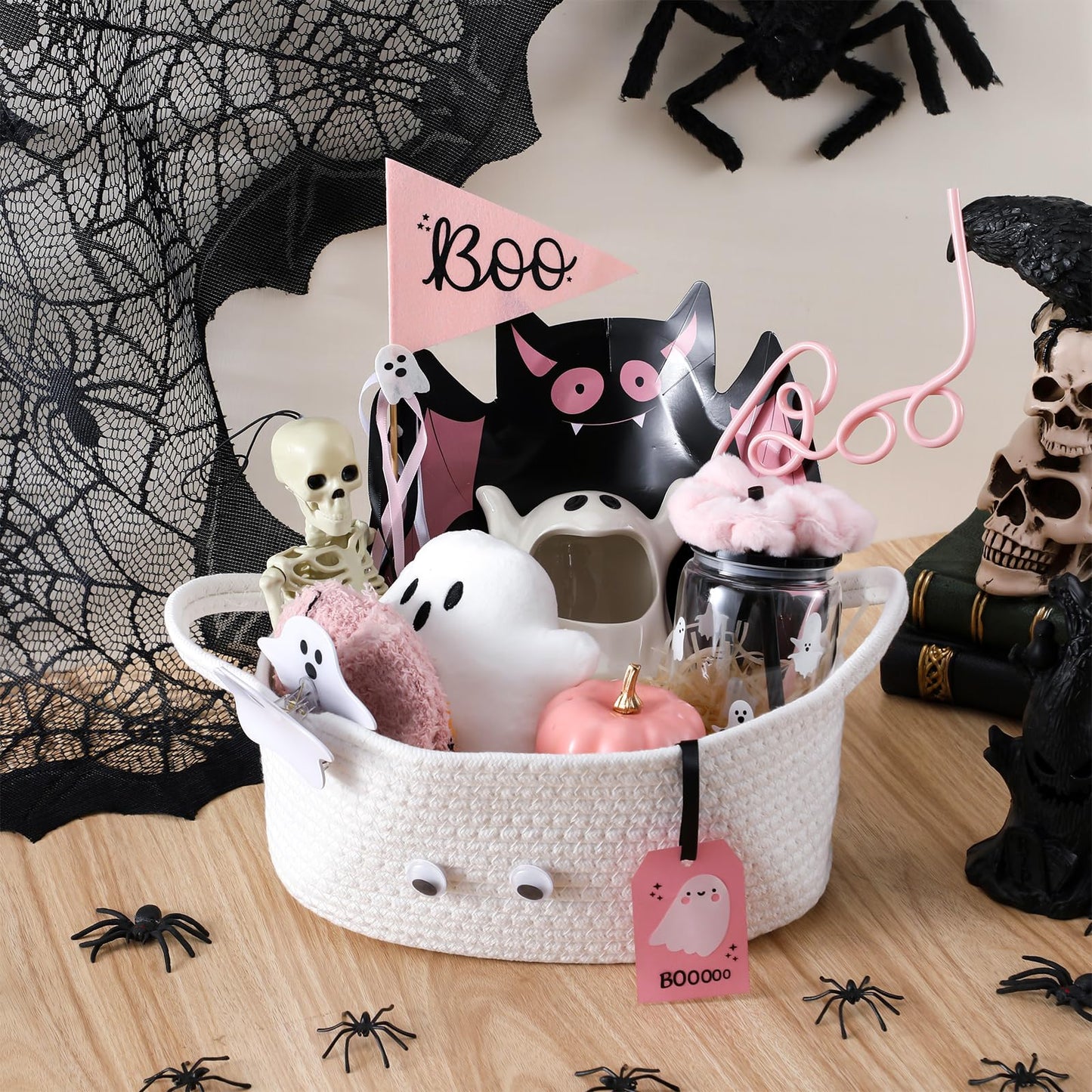 Reallnaive 12 Pcs Halloween Boo Gifts Basket Stuffers for Women Summer Halloween Spooky Ghost Cute Boo Basket Gifts Plastic Cups Paper Bat Plate Fuzzy Socks Skeleton Pendant for Her Sister Friends