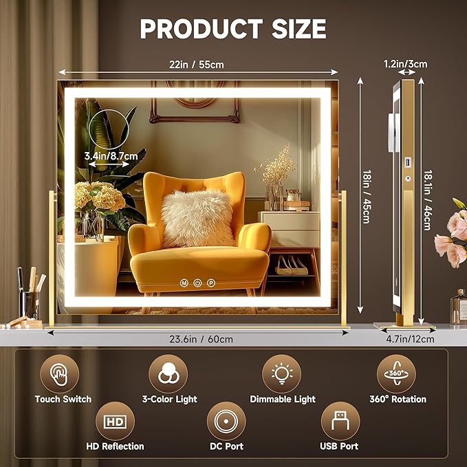 Hasipu Vanity Mirror with Lights, 23.6" x 18.1" LED Makeup Mirror, Light up Mirror with 10X Magnification, USB Charging Port, Smart Touch 3 Colors Dimmable, 360° Rotation (Gold)
