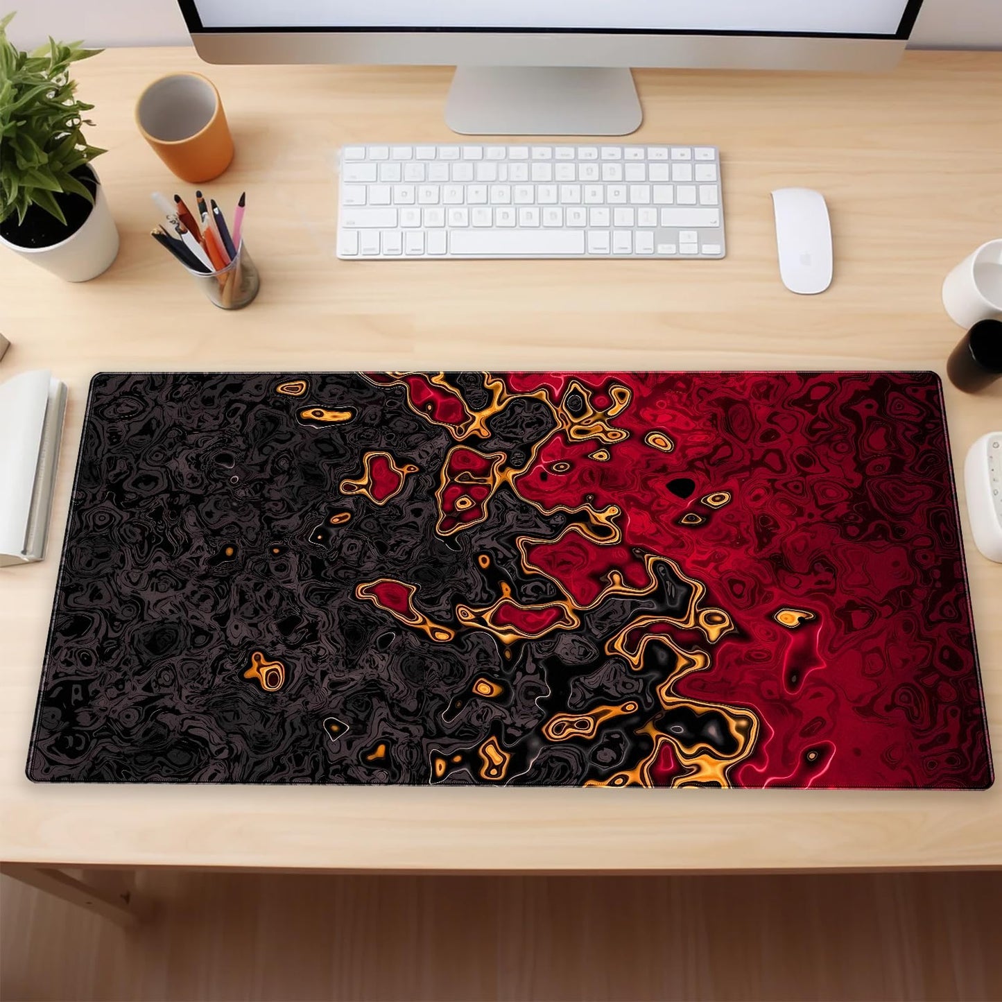 Shalysong Red and Black Large Gaming Mouse Pad, Fluid Abstract Art Desk Mat 31.5x15.7 inch, Extended XL Non-Slip Micro-Fiber Surface with Natural Rubber Base for Computer Laptop, Home or Office Use