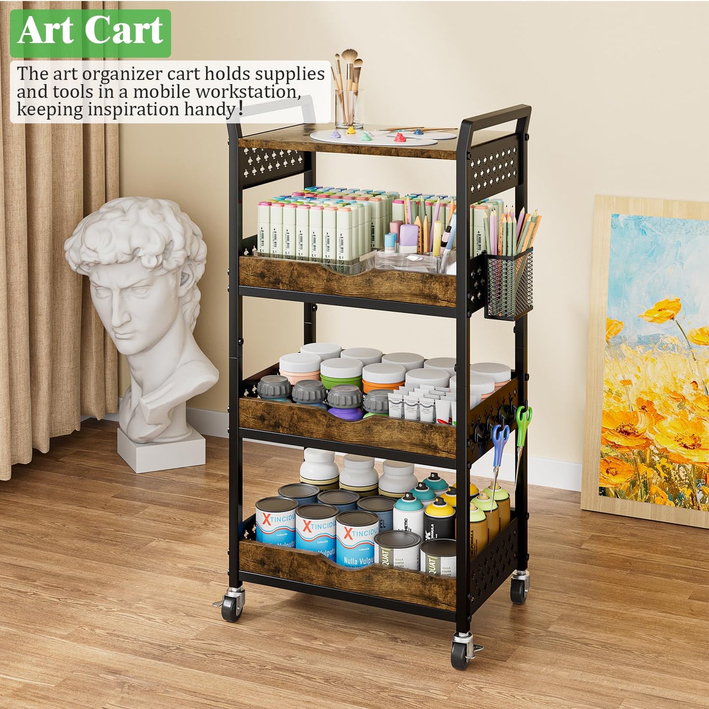 MJIMKE 4-Tier Utility Rolling Cart with Wheels - Kitchen Organizations and Storage Metal Cart, Detachable Fruits Coffee Snacks Art Craft Storage Cart for Bathroom, Pantry & Laundry, Black