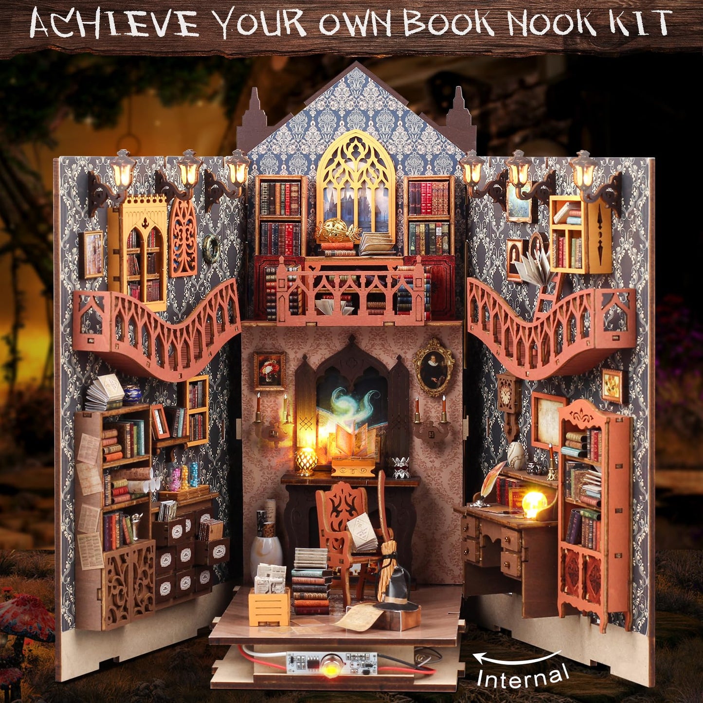 FASTSPOK DIY Book Nook Kit: 3D Wooden Puzzle Shelf Insert with LED Light - Miniature Dollhouse Bookend Decor for Adults and Teens - Creative Gift
