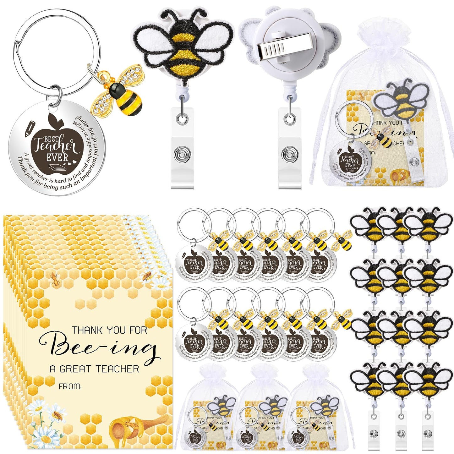 Spakon 12 Set Appreciation Gifts 12 Bee Retractable Badge Holder Clips Bee Keychains Thank You Cards for Valentine Day Office
