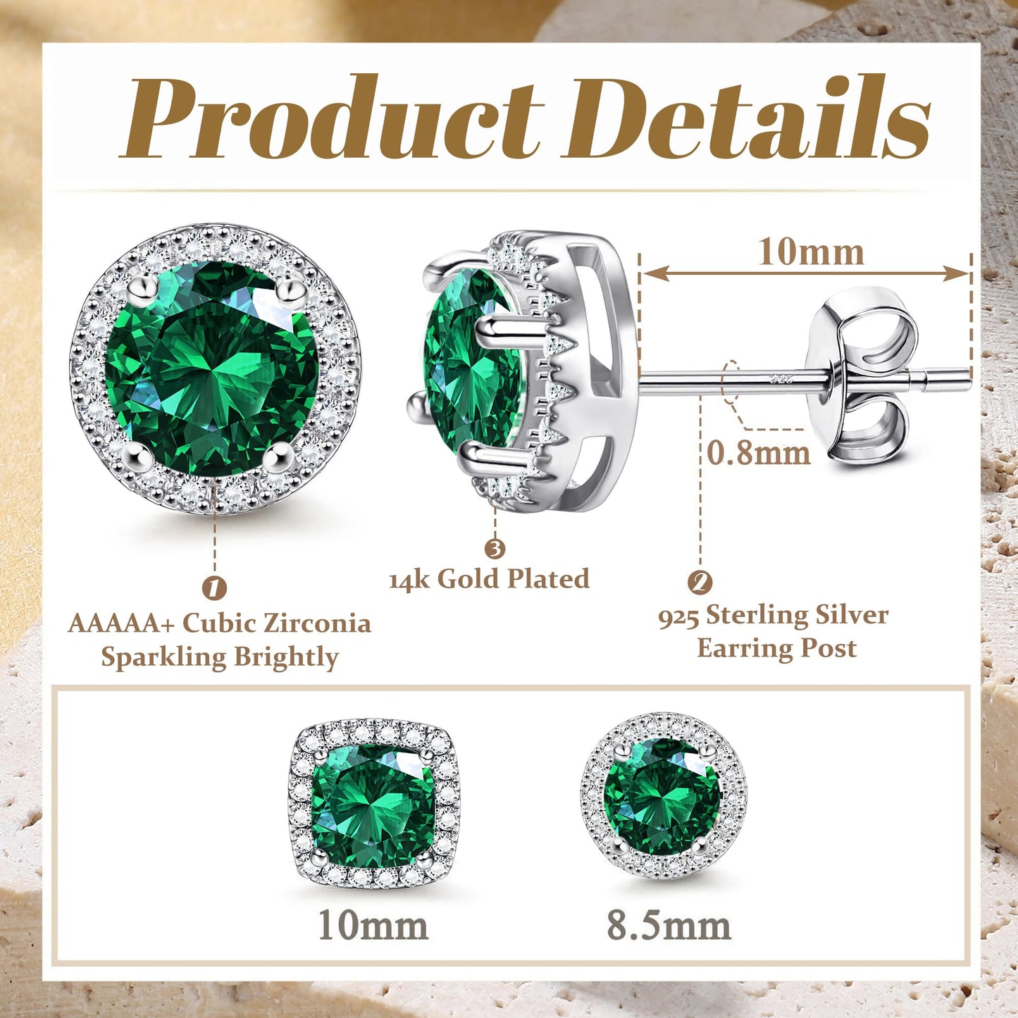 Hayoso Cubic Zirconia Stud Earrings for Women Men Sterling Silver Earring Post Hypoallergenic 14k Gold Plated Round&Square Earrings Silver&Green
